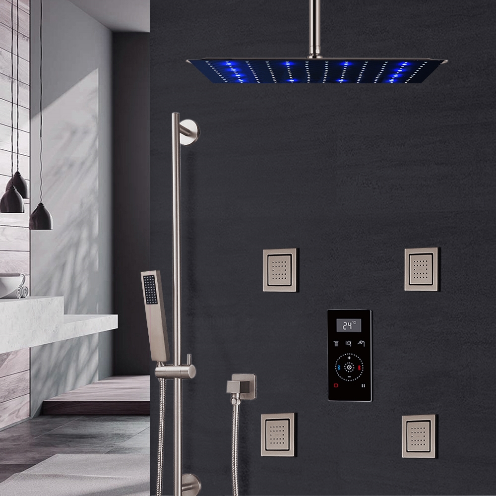 BathSelect Brushed Nickel Ceiling Mount Rainfall Shower Set With Digital Thermostat Mixer Jet Sprays And Slide Bar Handshower